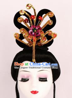 Chinese Ancient Peri Wigs and Golden Phoenix Tassel Hairpins Traditional Peking Opera Artiste Hair Accessories for Women