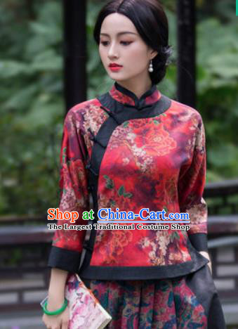 Chinese Traditional Upper Outer Garment National Costume Tang Suit Red Silk Blouse for Women