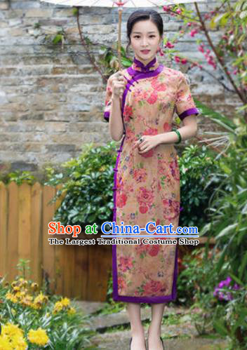 Chinese Traditional National Costume Tang Suit Printing Silk Qipao Dress Cheongsam for Women