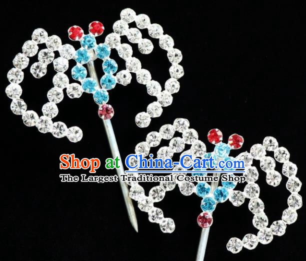 Chinese Ancient Princess Blue Crystal Bats Hairpins Traditional Peking Opera Artiste Headwear for Women