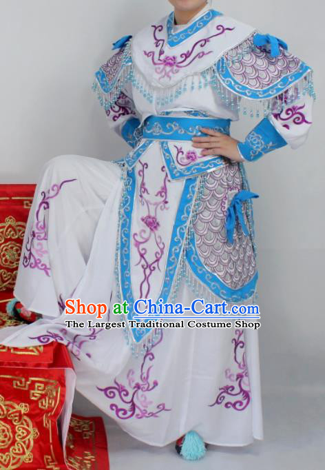 Chinese Ancient Swordswoman White Embroidered Dress Traditional Peking Opera Blues Artiste Costume for Women