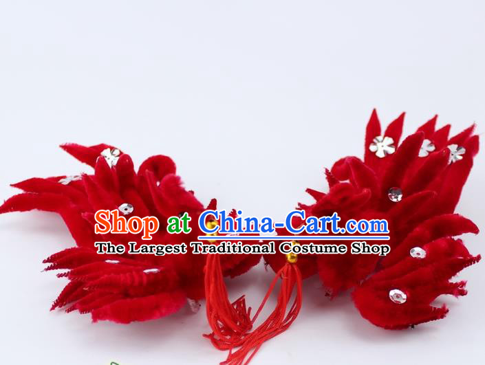 Chinese Ancient Princess Red Velvet Phoenix Tassel Hairpins Traditional Peking Opera Artiste Headwear for Women