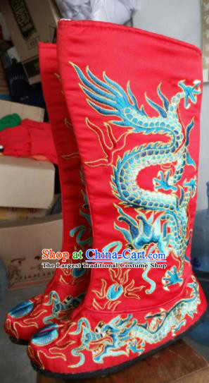 Chinese Beijing Opera Red Boots Traditional Sichuan Opera Face Changing Embroidered Dragon Boots for Men