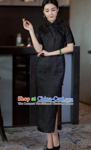 Chinese Traditional Tang Suit Black Silk Qipao Dress National Costume Cheongsam for Women