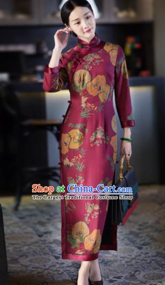 Chinese Traditional Tang Suit Wine Red Qipao Dress National Costume Printing Cheongsam for Women