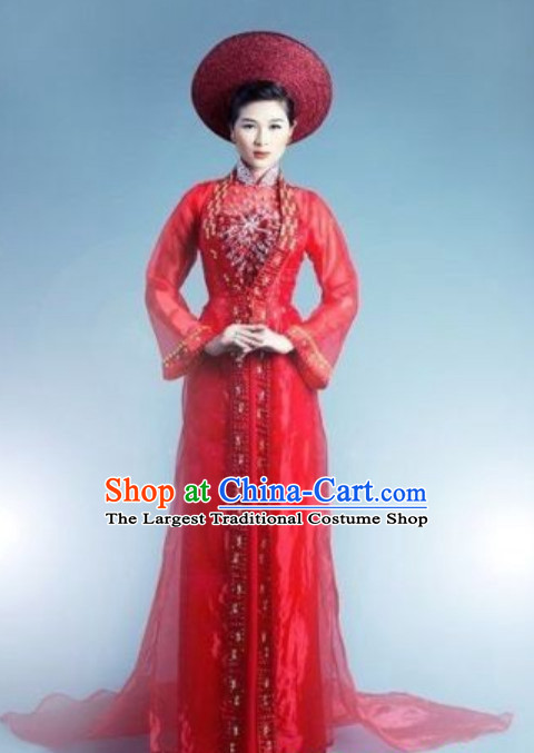 Classical Traditional Vietnam Wedding Dress and Hat Complete Set for Brides