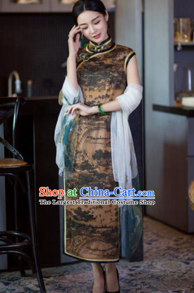 Chinese Traditional Tang Suit Qipao Dress National Costume Brown Silk Cheongsam for Women