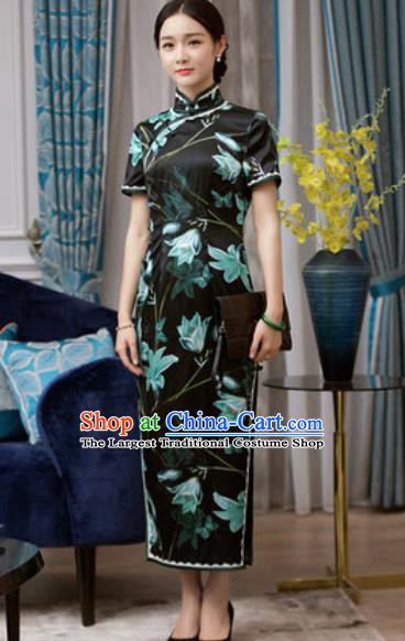 Chinese Traditional Printing Black Silk Cheongsam Tang Suit Qipao Dress National Costume for Women