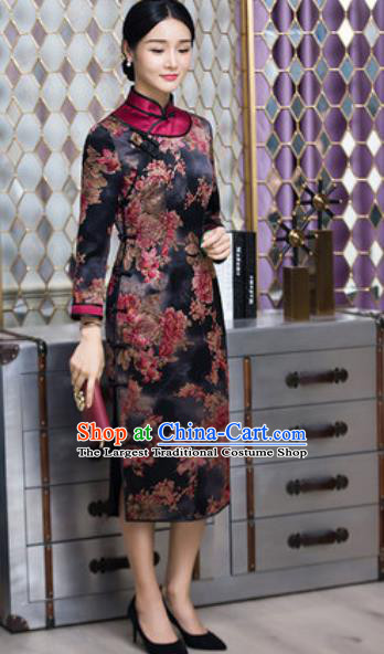 Chinese Traditional Printing Peony Black Cheongsam Tang Suit Qipao Dress National Costume for Women