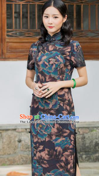 Chinese Traditional Printing Peony Navy Silk Cheongsam Tang Suit Qipao Dress National Costume for Women