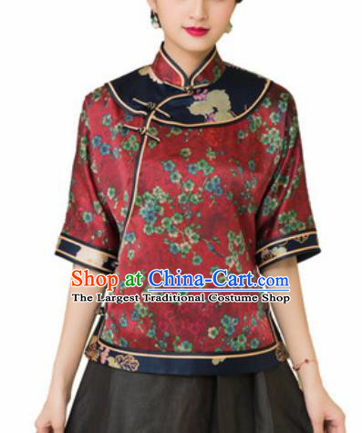 Chinese Traditional Tang Suit Upper Outer Garment Printing Plum Blossom Red Silk Blouse National Costume for Women