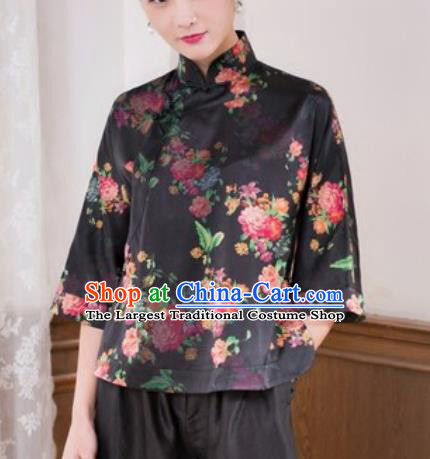 Chinese Traditional Tang Suit Upper Outer Garment Printing Black Silk Blouse National Costume for Women