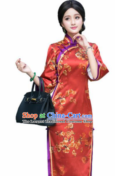 Chinese Traditional Printing Plum Blossom Silk Cheongsam Tang Suit Qipao Dress National Costume for Women