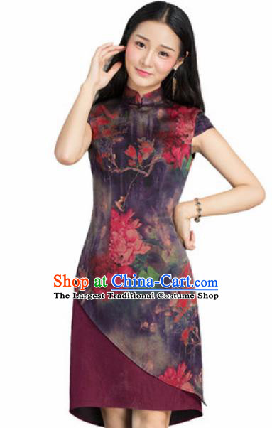 Chinese Traditional Printing Peony Purple Silk Cheongsam Tang Suit Qipao Dress National Costume for Women