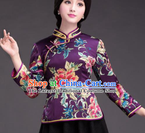 Chinese Traditional Printing Peony Purple Silk Blouse Tang Suit Upper Outer Garment National Costume for Women