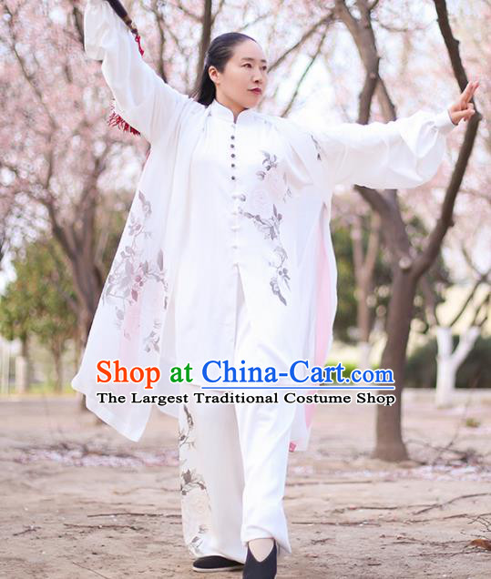 Chinese Traditional Martial Arts Costume Kung Fu Tai Chi Printing Peony White Clothing for Women