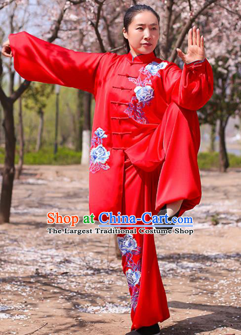 Chinese Traditional Martial Arts Costume Kung Fu Tai Chi Printing Peony Red Clothing for Women