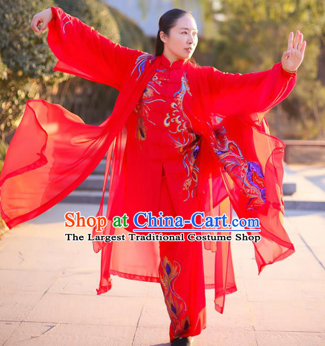 Chinese Traditional Martial Arts Competition Costume Kung Fu Embroidered Phoenix Red Clothing for Women