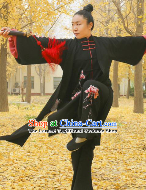 Chinese Traditional Kung Fu Competition Black Costume Martial Arts Tai Chi Embroidered Lotus Clothing for Women