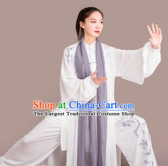 Chinese Traditional Kung Fu Competition Embroidered Ginkgo Leaf White Costume Martial Arts Tai Chi Clothing for Women