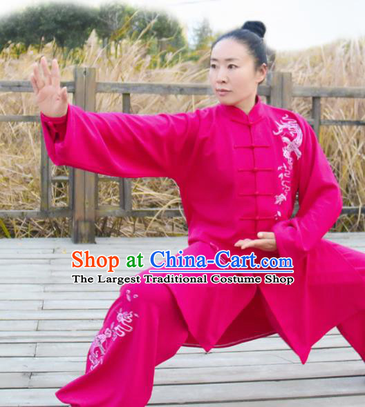 Chinese Traditional Kung Fu Competition Costume Martial Arts Tai Chi Embroidered Dragon Rosy Clothing for Women