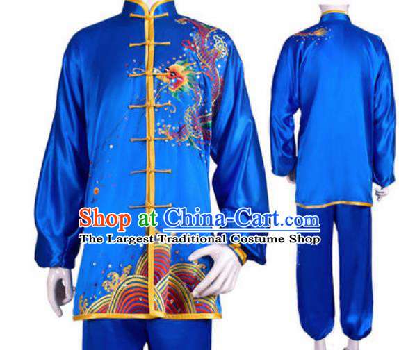 Chinese Traditional Kung Fu Competition Costume Martial Arts Tai Chi Embroidered Dragon Blue Clothing for Women