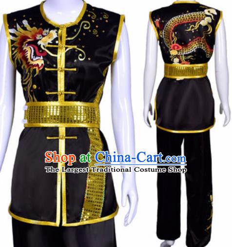 Chinese Traditional Kung Fu Competition Costume Martial Arts Embroidered Dragon Black Clothing for Men