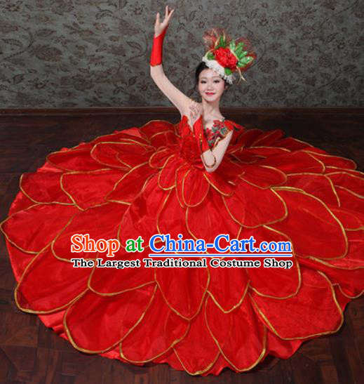 Chinese Traditional Spring Festival Gala Dance Costume Opening Dance Modern Dance Red Flower Dress for Women