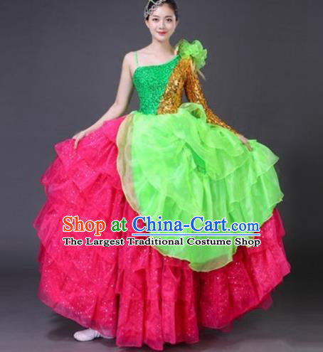 Chinese Traditional Spring Festival Gala Dance Costume Opening Dance Stage Performance Rosy Veil Dress for Women