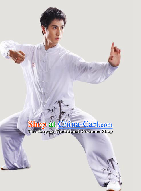 Chinese Traditional Kung Fu Competition Printing Bamboo White Costume Tai Chi Martial Arts Clothing for Men