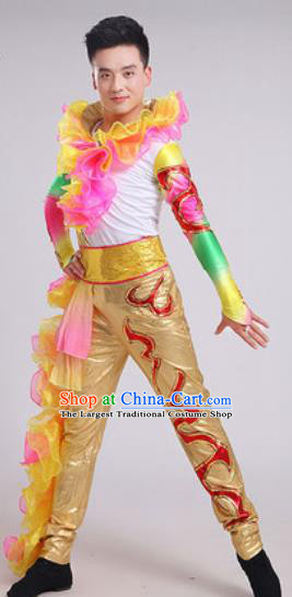 Chinese Traditional Drum Dance Golden Costume Folk Dance Stage Performance Clothing for Men