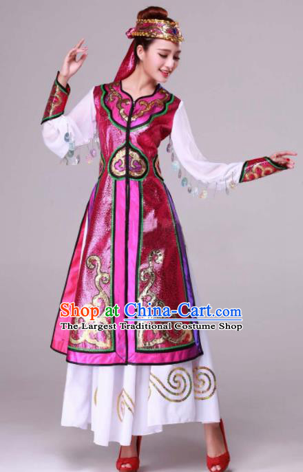 Chinese Traditional Ethnic Dance Costume Mongolian Nationality Stage Performance Rosy Dress for Women