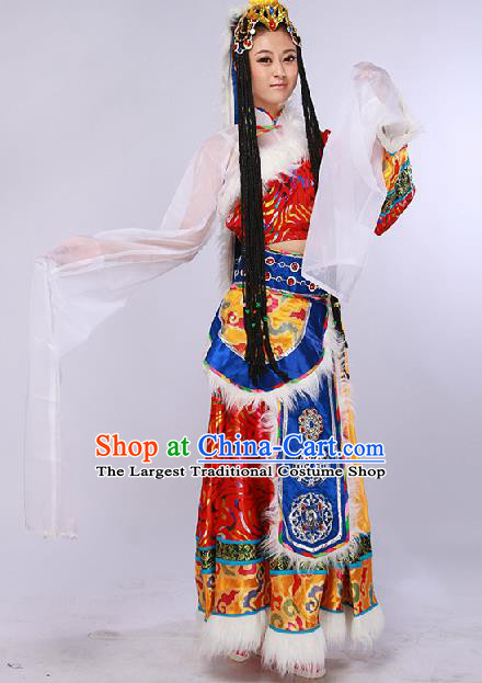 Chinese Traditional Ethnic Dance Costume Zang Nationality Stage Performance Red Dress for Women