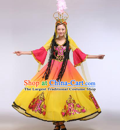 Chinese Traditional Ethnic Dance Costume Uyghur Nationality Stage Performance Yellow Dress for Women