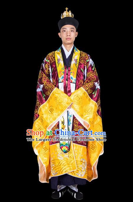 Chinese Traditional Taoism Costume National Taoist Priest Embroidered Cranes Wine Red Cassock for Men