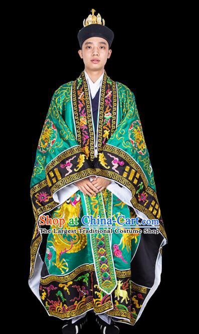 Chinese Traditional Taoism Costume National Taoist Priest Embroidered Dragons Green Cassock for Men