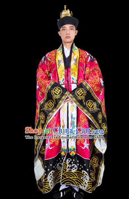 Chinese Traditional Taoism Costume National Taoist Priest Embroidered Cranes Rosy Cassock for Men