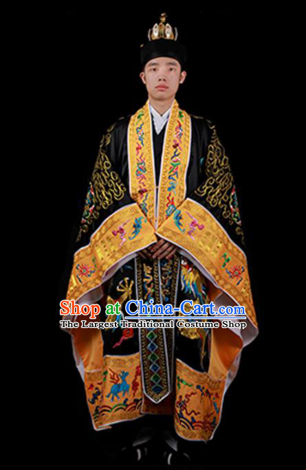 Chinese National Taoist Priest Embroidered Dragons Black Cassock Traditional Taoism Costume for Men