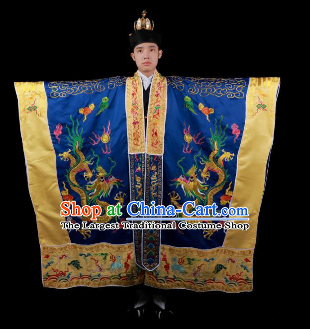 Chinese National Taoist Priest Embroidered Dragons Navy Blue Cassock Traditional Taoism Costume for Men