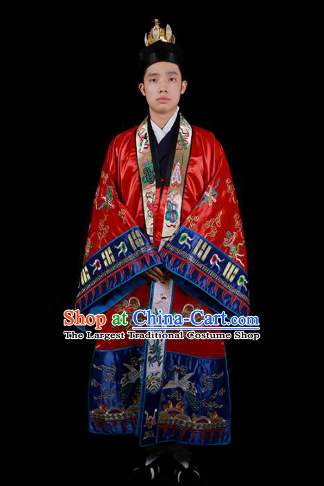 Chinese National Taoist Priest Embroidered Cranes Red Cassock Traditional Taoism Costume for Men