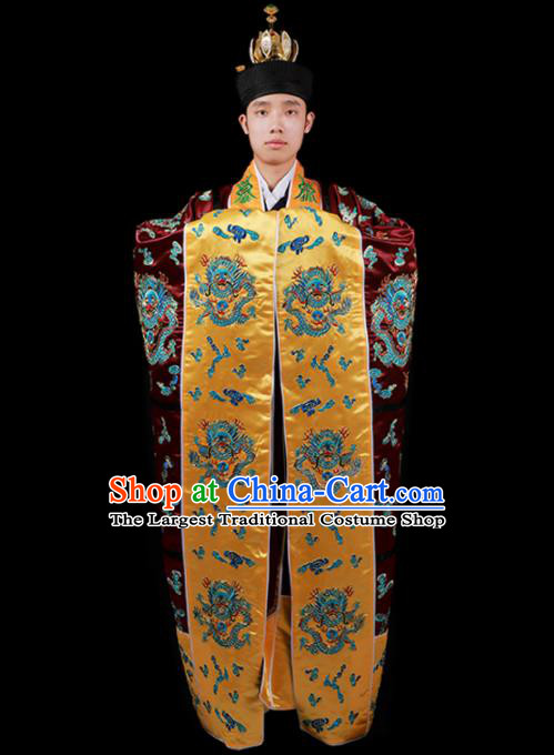 Chinese National Taoist Priest Embroidered Dragon Wine Red Cassock Traditional Taoism Costume for Men