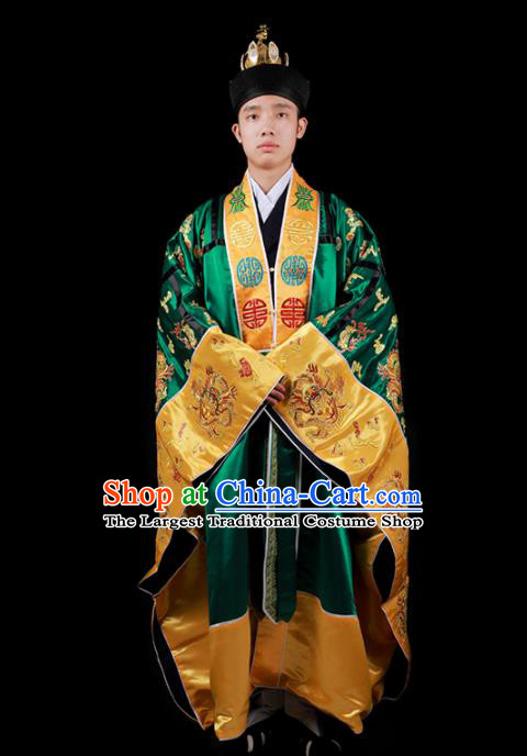 Chinese National Taoist Priest Embroidered Green Cassock Traditional Taoism Rites Costume for Men