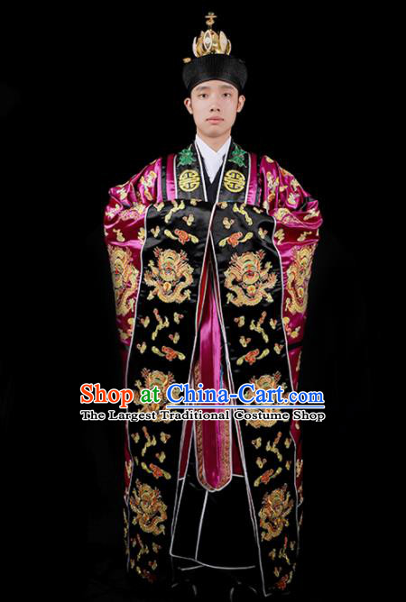 Chinese National Taoism Embroidered Dragons Rosy Cassock Traditional Taoist Priest Rites Costume for Men