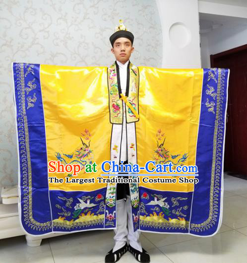 Chinese National Taoism Embroidered Dragons Yellow Priest Frock Cassock Traditional Taoist Priest Rites Costume for Men