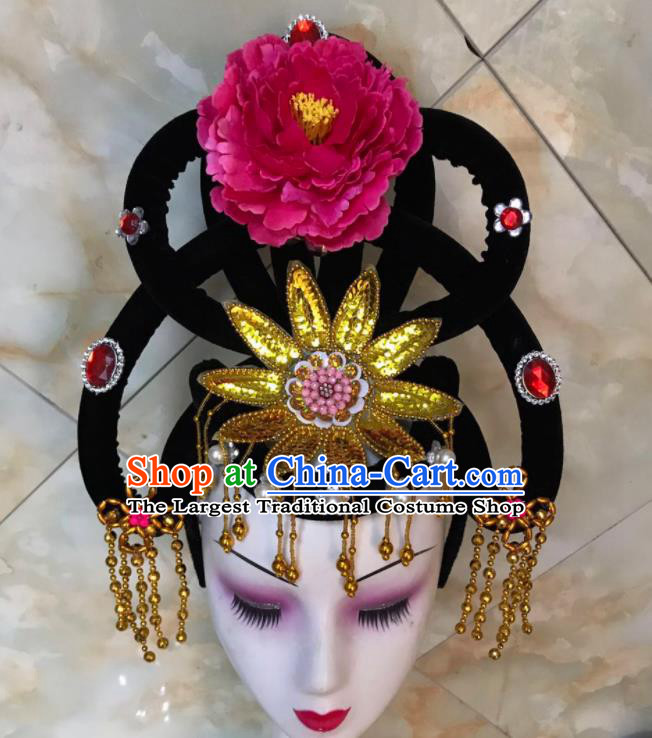 Chinese Traditional Beijing Opera Peri Wigs and Rosy Peony Hairpins Peking Opera Princess Hair Accessories for Women