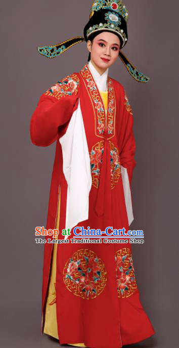 Chinese Traditional Peking Opera Niche Embroidered Peony Red Robe Beijing Opera Scholar Costume for Men