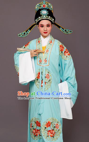 Chinese Traditional Peking Opera Niche Embroidered Peony Blue Robe Beijing Opera Scholar Costume for Men