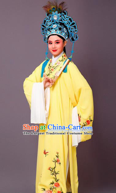 Chinese Traditional Peking Opera Scholar Embroidered Peony Yellow Robe Beijing Opera Niche Costume for Men