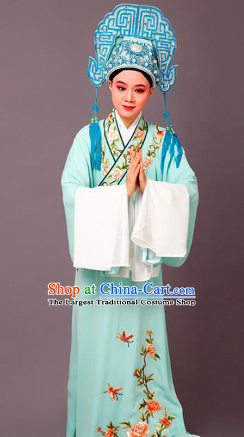 Chinese Traditional Peking Opera Scholar Embroidered Peony Green Robe Beijing Opera Niche Costume for Men