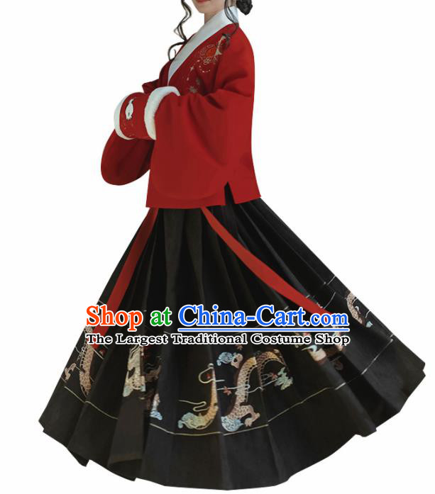 Chinese Traditional Ming Dynasty Red Blouse and Black Skirt Ancient Nobility Lady Costume for Women